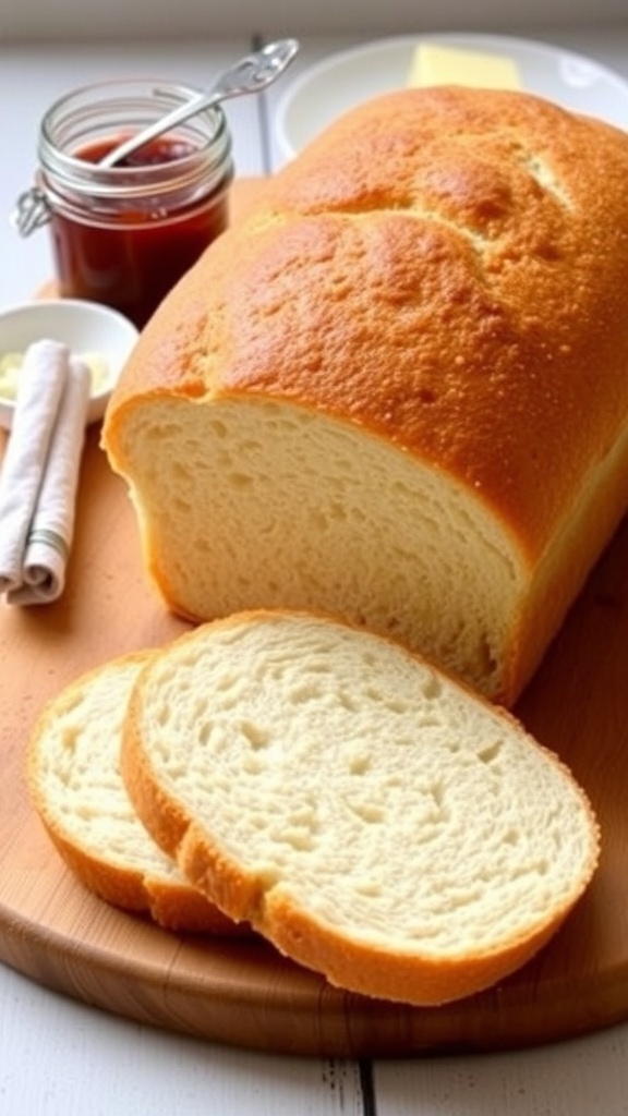 Freshly baked homemade sandwich bread loaf sliced on a wooden board with jam and butter.